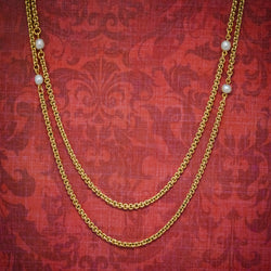 ANTIQUE VICTORIAN PEARL GUARD CHAIN 15CT GOLD LINK NECKLACE CIRCA 1900 COVER