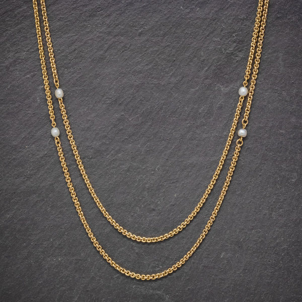 ANTIQUE VICTORIAN PEARL GUARD CHAIN 15CT GOLD LINK NECKLACE CIRCA 1900 FRONT
