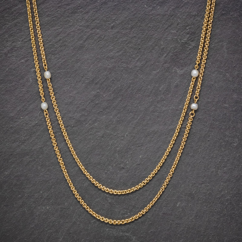 ANTIQUE VICTORIAN PEARL GUARD CHAIN 15CT GOLD LINK NECKLACE CIRCA 1900 FRONT