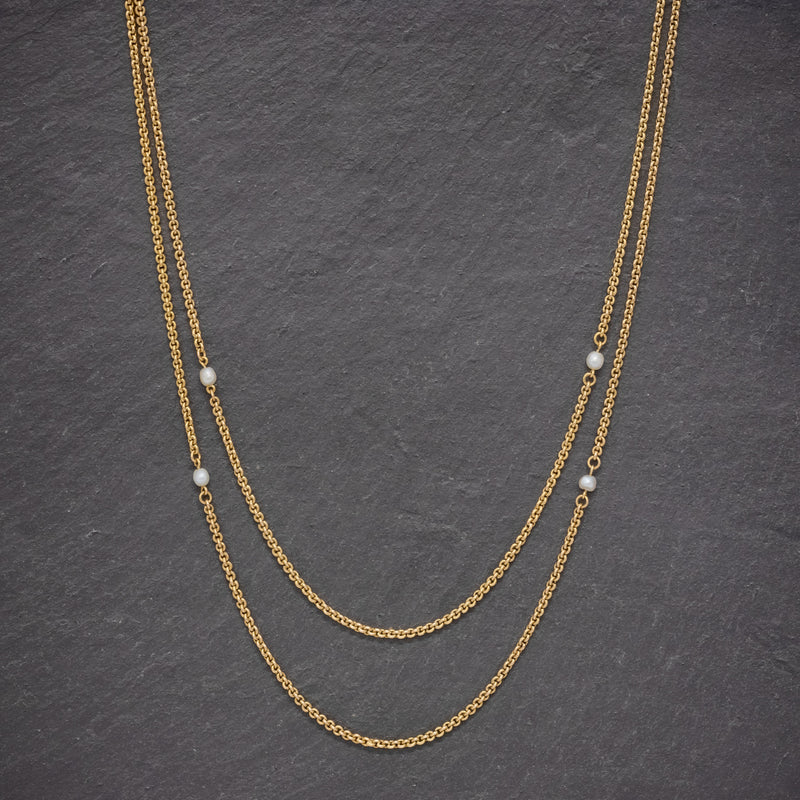 ANTIQUE VICTORIAN PEARL GUARD CHAIN 15CT GOLD LINK NECKLACE CIRCA 1900 NECK