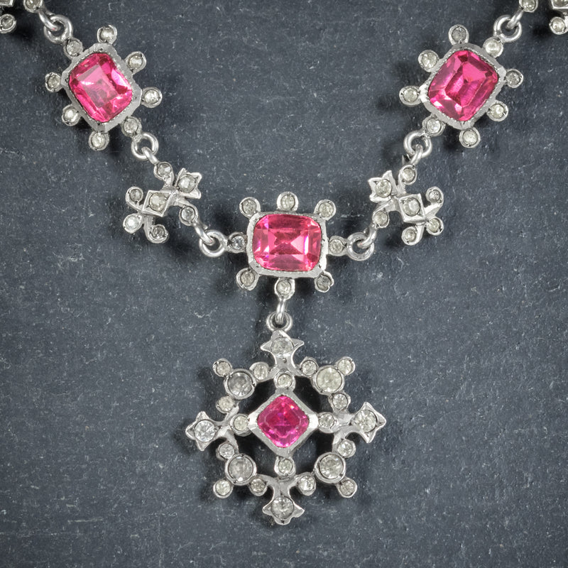 Antique Victorian Pink Paste Necklace Silver Circa 1900 pendant