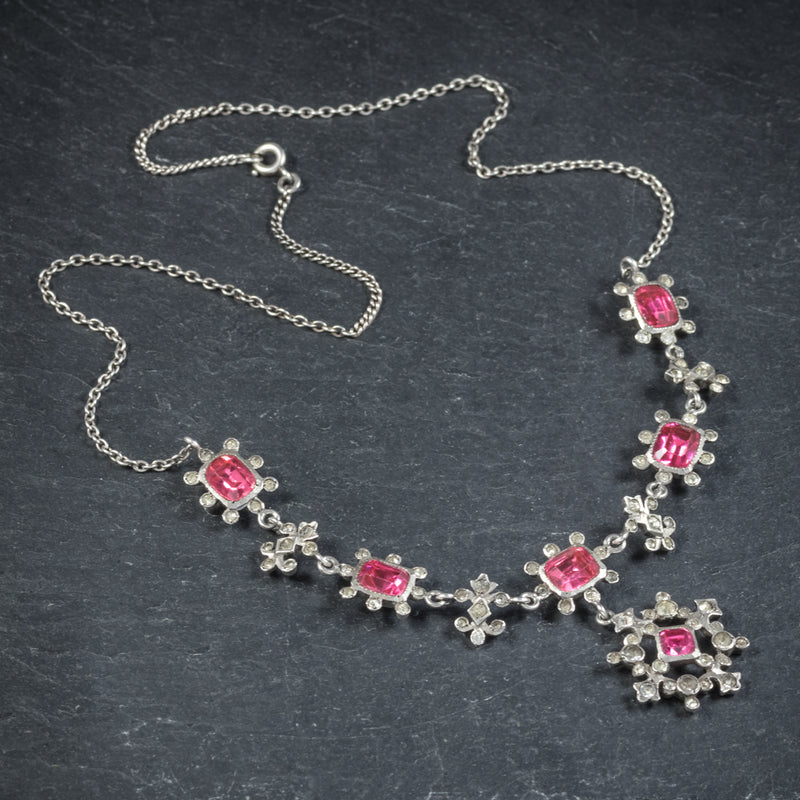 Antique Victorian Pink Paste Necklace Silver Circa 1900 top