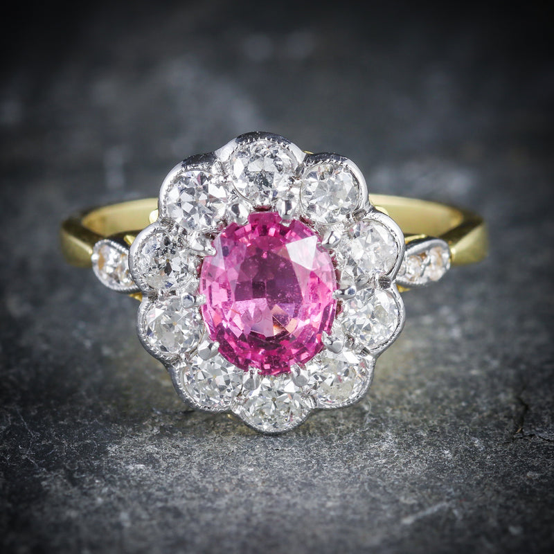 ANTIQUE VICTORIAN PINK SAPPHIRE DIAMOND RING 18CT GOLD FRONT