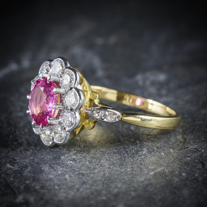 ANTIQUE VICTORIAN PINK SAPPHIRE DIAMOND RING 18CT GOLD SIDE