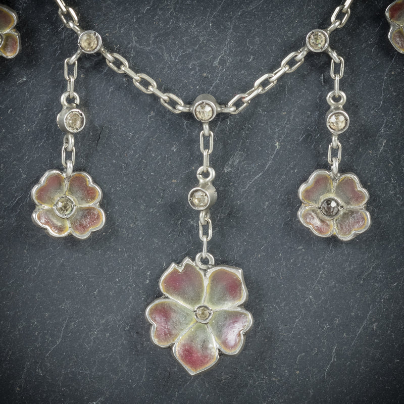 Antique Victorian Plique a Jour Flower Necklace Circa 1900 flowers