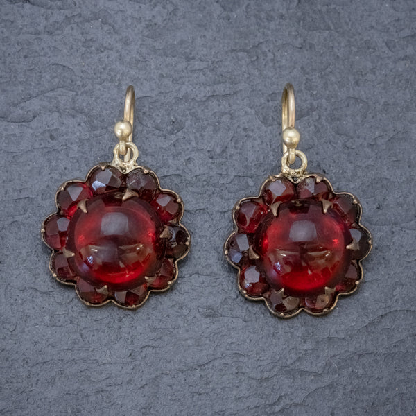 ANTIQUE VICTORIAN RED PASTE GARNET FLOWER EARRINGS CIRCA 1880 FRONT