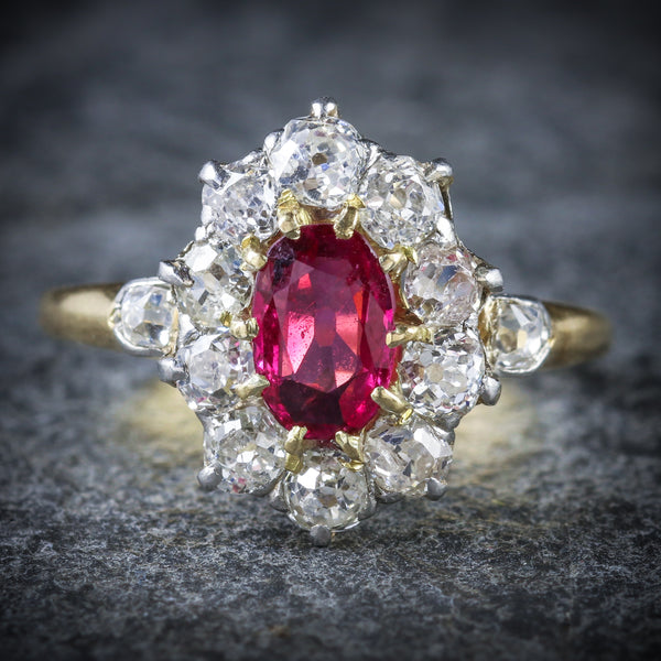 ANTIQUE VICTORIAN RUBY DIAMOND CLUSTER RING PLATINUM 18CT GOLD CIRCA 1900 FRONT