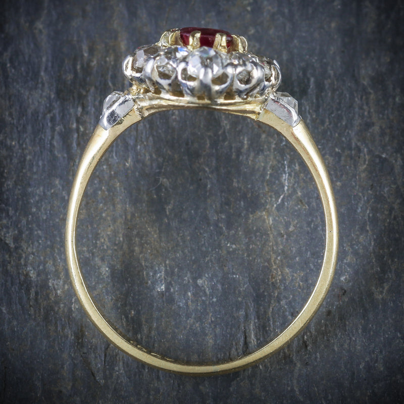 ANTIQUE VICTORIAN RUBY DIAMOND CLUSTER RING PLATINUM 18CT GOLD CIRCA 1900 TOP