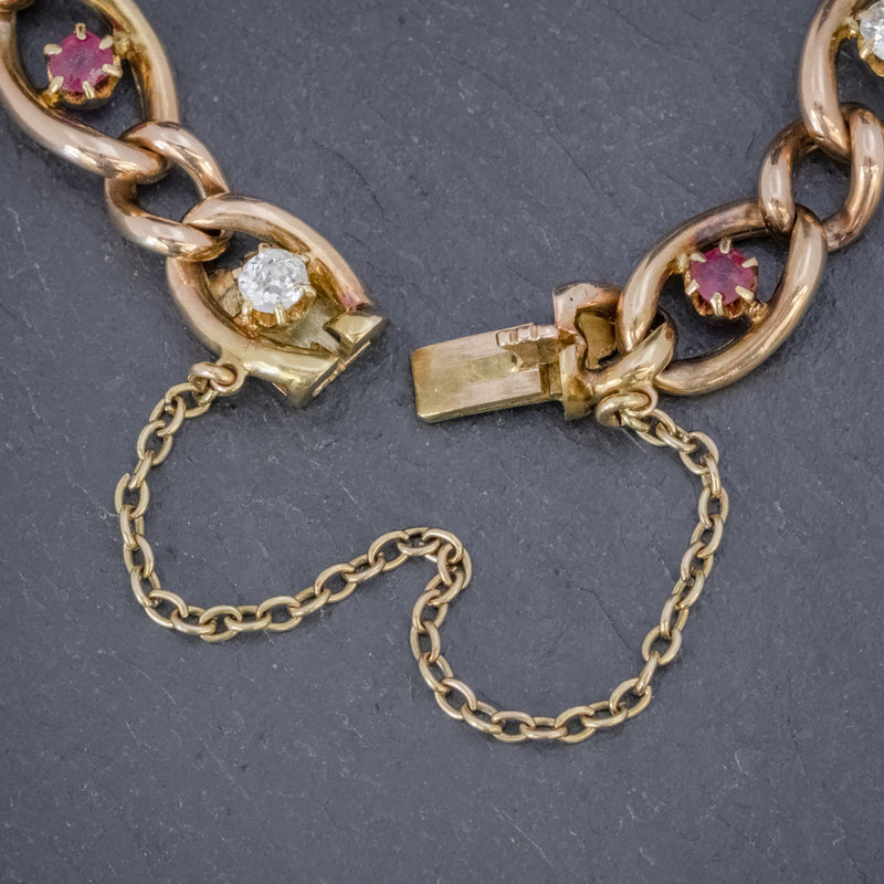 ANTIQUE VICTORIAN RUBY DIAMOND CURB BRACELET 18CT GOLD CIRCA 1880 CLASP