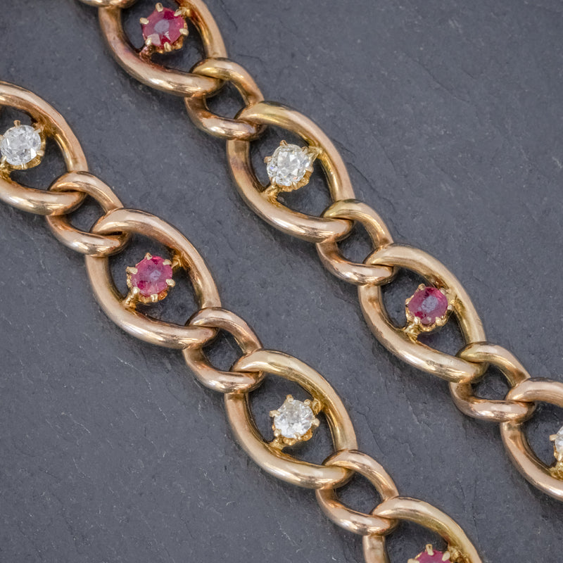 ANTIQUE VICTORIAN RUBY DIAMOND CURB BRACELET 18CT GOLD CIRCA 1880 LINKS