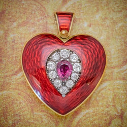 ANTIQUE VICTORIAN RUBY DIAMOND RED GUILLOCHE ENAMEL HEART PENDANT LOCKET 18CT GOLD  COVER