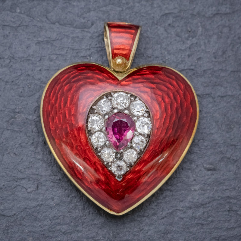 ANTIQUE VICTORIAN RUBY DIAMOND RED GUILLOCHE ENAMEL HEART PENDANT LOCKET 18CT GOLD FRONT
