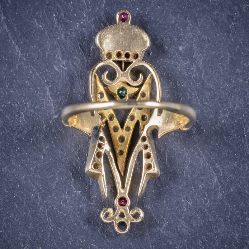 Antique Victorian Ruby Emerald Diamond Ring Initial M Ring Circa 1900 back2