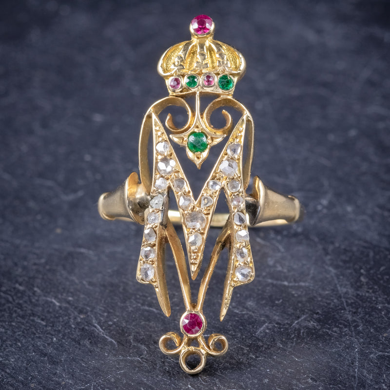 Antique Victorian Ruby Emerald Diamond Ring Initial M Ring Circa 1900 front