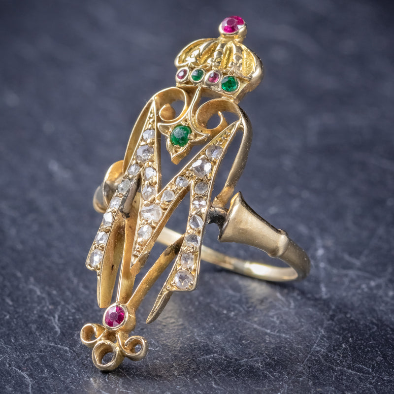 Antique Victorian Ruby Emerald Diamond Ring Initial M Ring Circa 1900 side