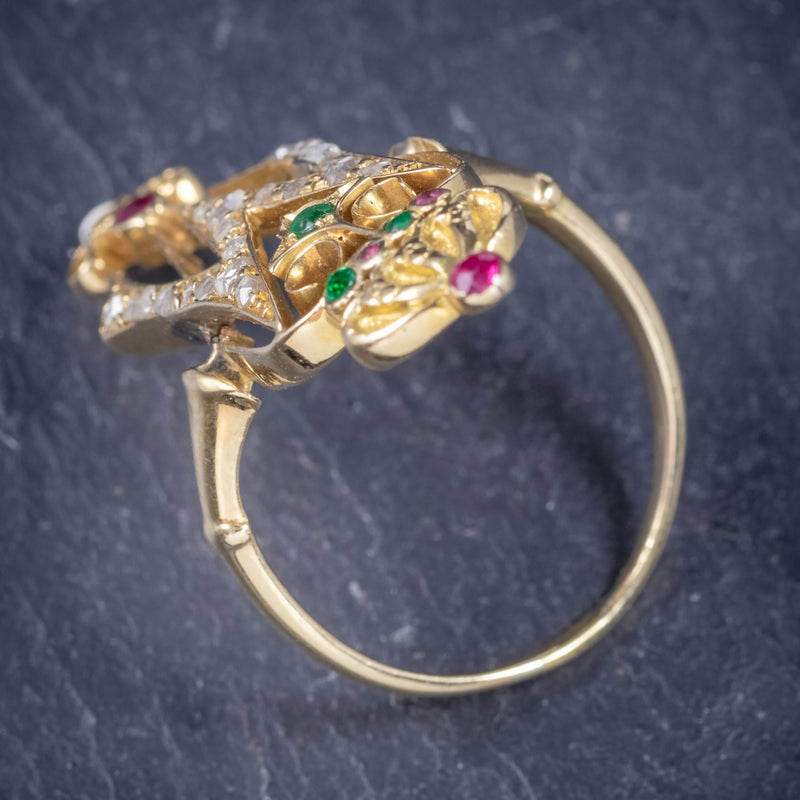 Antique Victorian Ruby Emerald Diamond Ring Initial M Ring Circa 1900 top