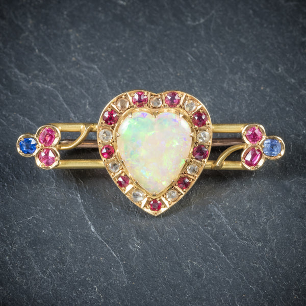 Antique Victorian Ruby Sapphire Opal Heart Brooch 18ct Gold