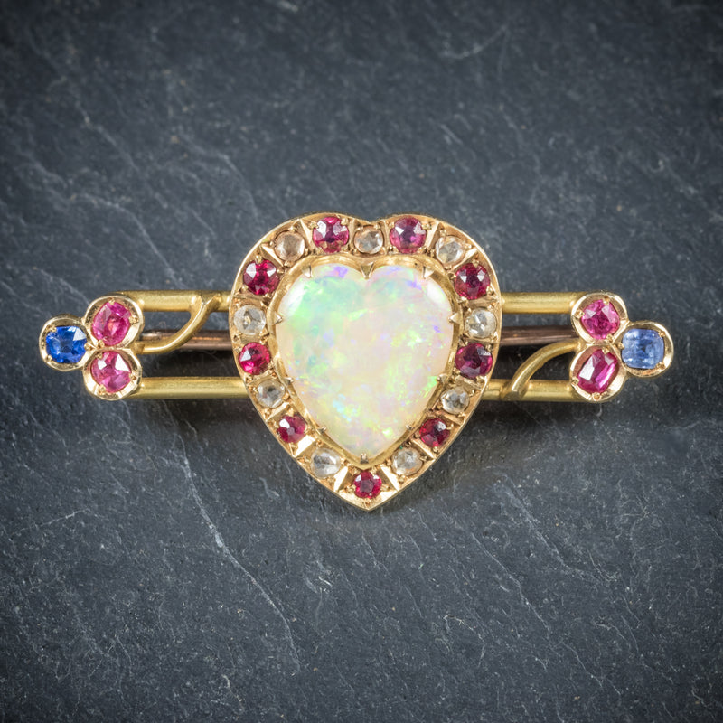 Antique Victorian Ruby Sapphire Opal Heart Brooch 18ct Gold