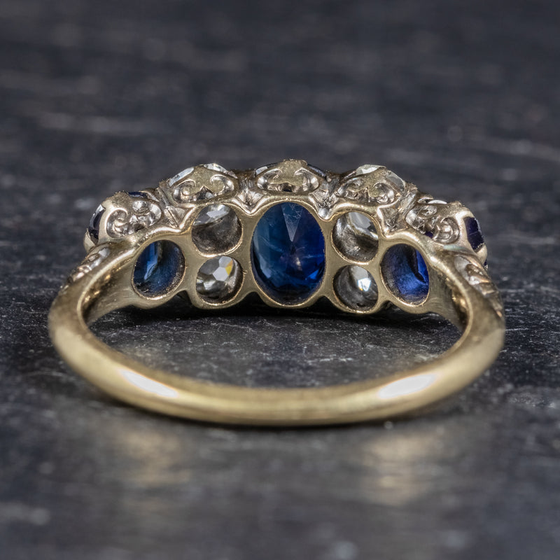 Antique Victorian Sapphire Diamond Five Stone Ring 18ct Gold Circa 1900 BACK