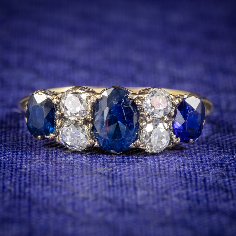 Antique Victorian Sapphire Diamond Five Stone Ring 18ct Gold Circa 1900 COVER