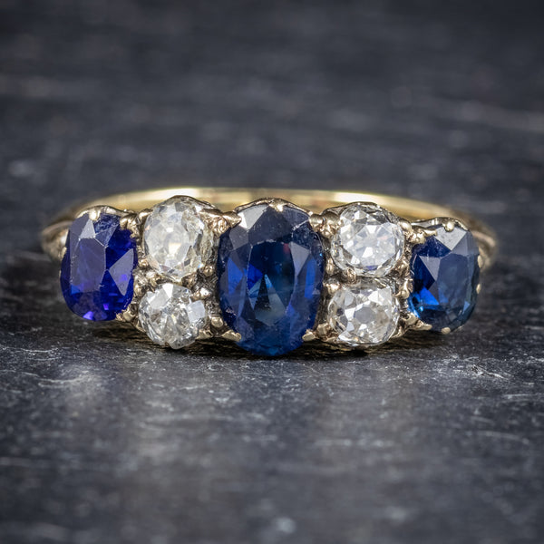 Antique Victorian Sapphire Diamond Five Stone Ring 18ct Gold Circa 1900 FRONT