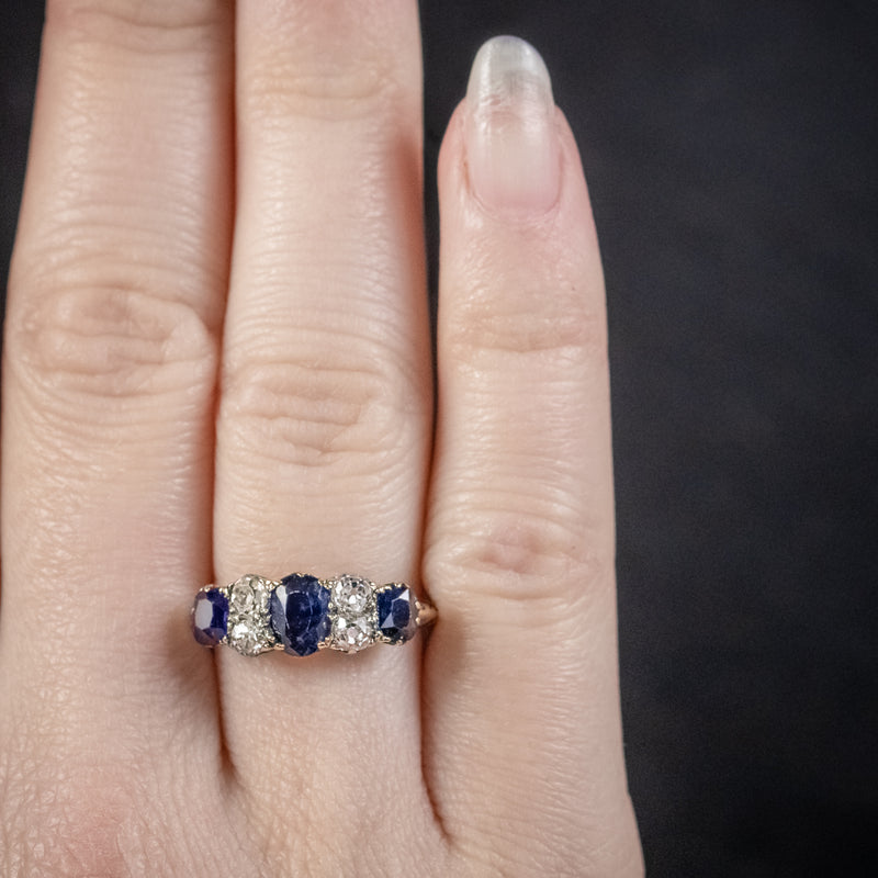 Antique Victorian Sapphire Diamond Five Stone Ring 18ct Gold Circa 1900 HAND