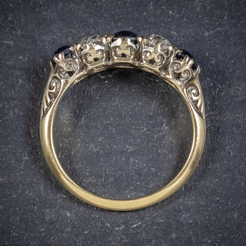 Antique Victorian Sapphire Diamond Five Stone Ring 18ct Gold Circa 1900 TOP