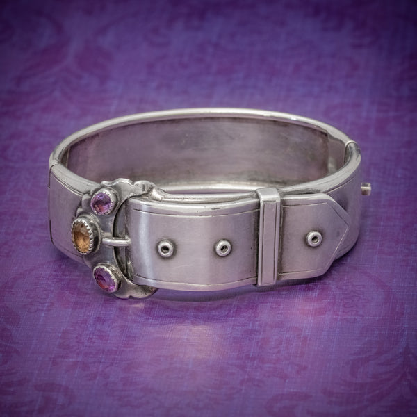 ANTIQUE VICTORIAN SCOTTISH SILVER BUCKLE BANGLE AMETHYST CITRINE CIRCA 1860 COVER