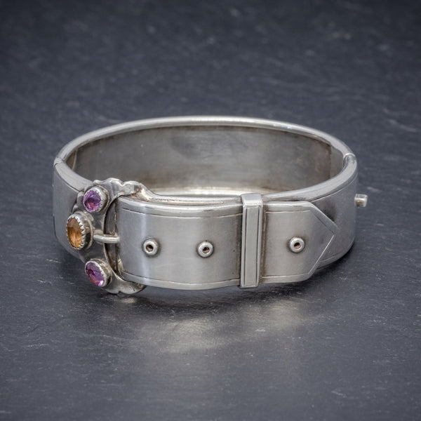 ANTIQUE VICTORIAN SCOTTISH SILVER BUCKLE BANGLE AMETHYST CITRINE CIRCA 1860 FRONT