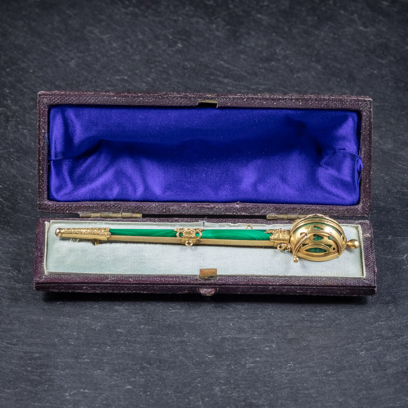 Antique Victorian Scottish Sword Brooch Malachite 18ct Gold Circa 1860 open