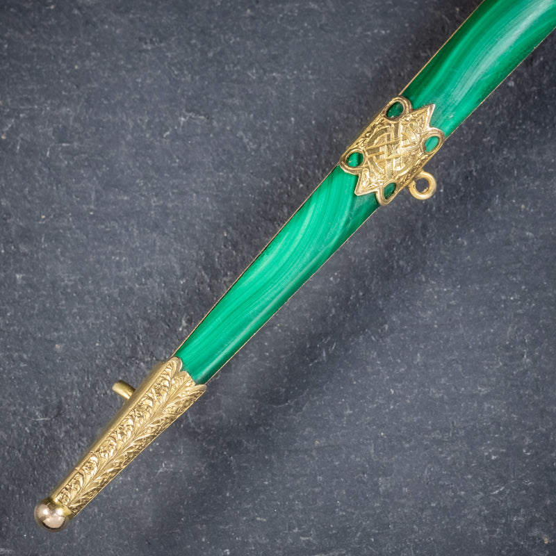 Antique Victorian Scottish Sword Brooch Malachite 18ct Gold Circa 1860 closeup