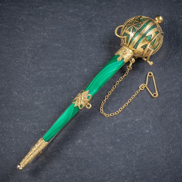 Antique Victorian Scottish Sword Brooch Malachite 18ct Gold Circa 1860 front