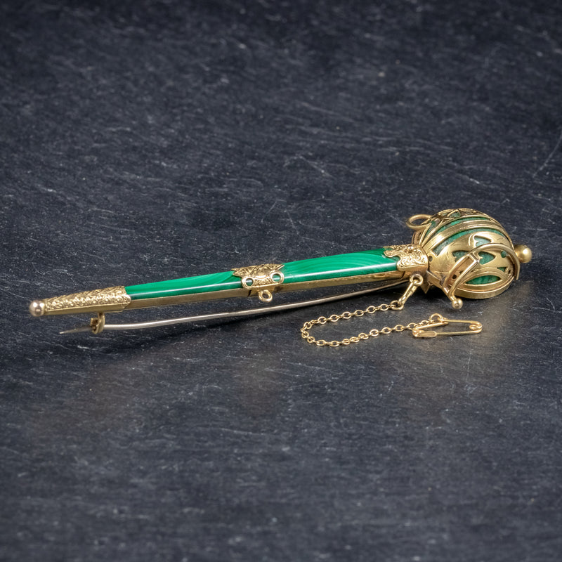 Antique Victorian Scottish Sword Brooch Malachite 18ct Gold Circa 1860 side