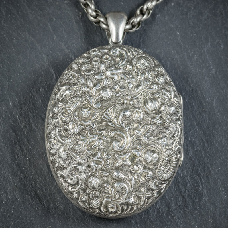 Antique Victorian Silver Floral Locket Necklace Circa 1900