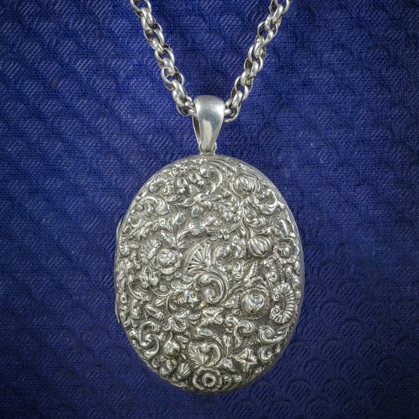 Antique Victorian Silver Floral Locket Necklace Circa 1900