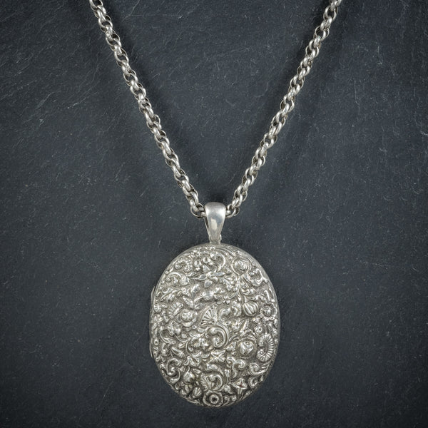 Antique Victorian Silver Floral Locket Necklace Circa 1900