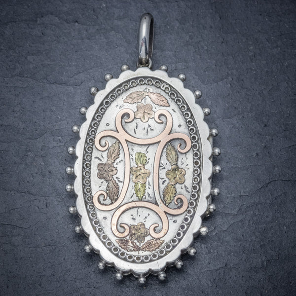 Antique Victorian Silver Gold Forget Me Not Locket Circa 1880 FRONT