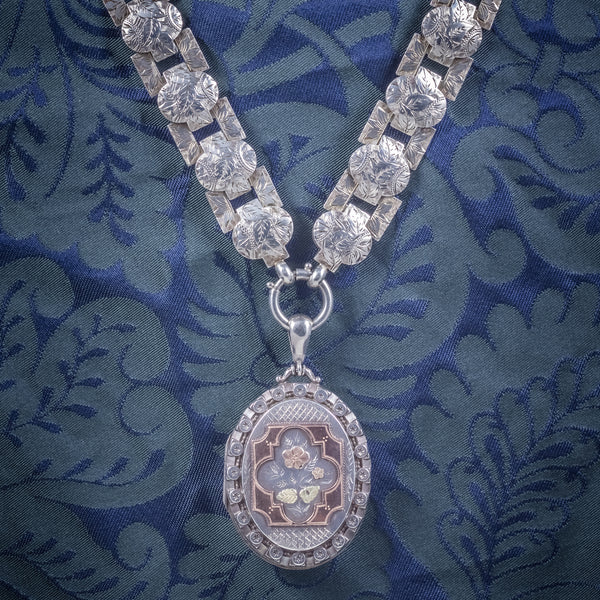 Antique Victorian Silver Locket Collar Forget Me Not Necklace Circa 1860 COVER