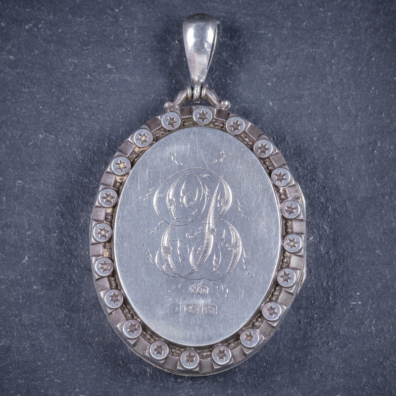 Antique Victorian Silver Locket Collar Forget Me Not Necklace Circa 1860 LOCKET BACK