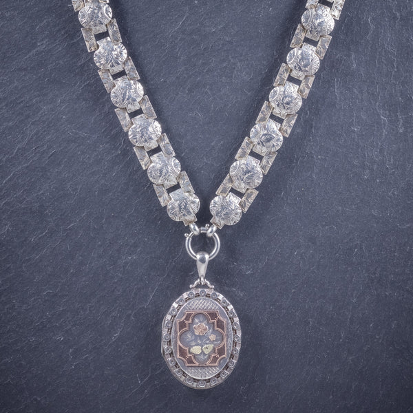 Antique Victorian Silver Locket Collar Forget Me Not Necklace Circa 1860 NECK