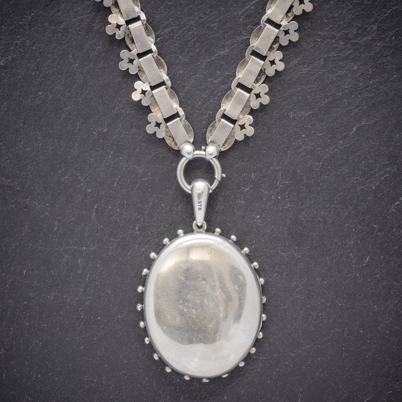 Antique Victorian Stork Locket Collar Sterling Silver Necklace Circa 1900 BACK