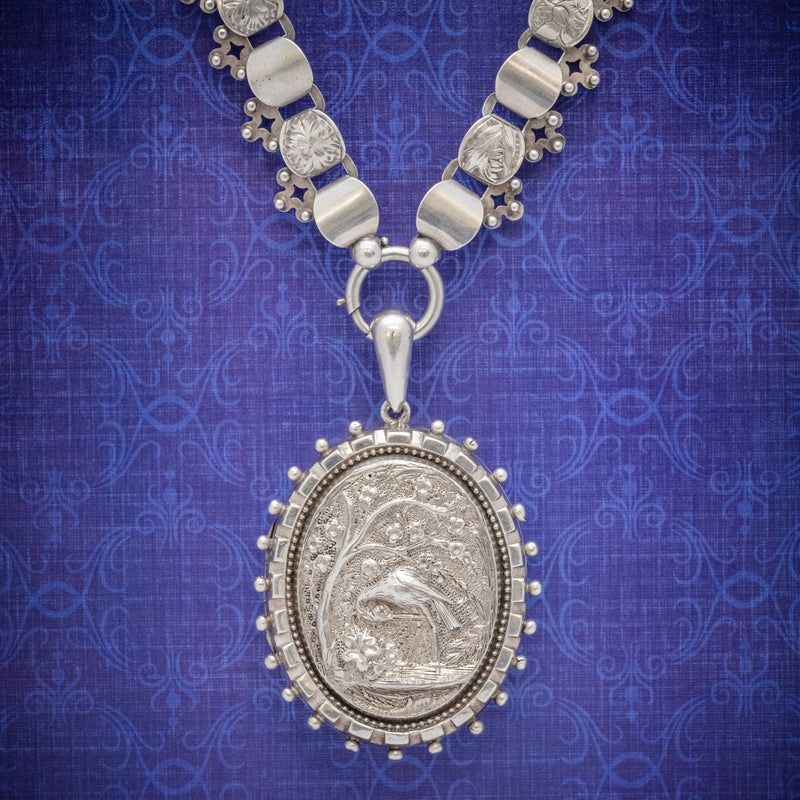 Antique Victorian Stork Locket Collar Sterling Silver Necklace Circa 1900 COVER