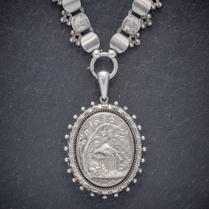 Antique Victorian Stork Locket Collar Sterling Silver Necklace Circa 1900 FRONT