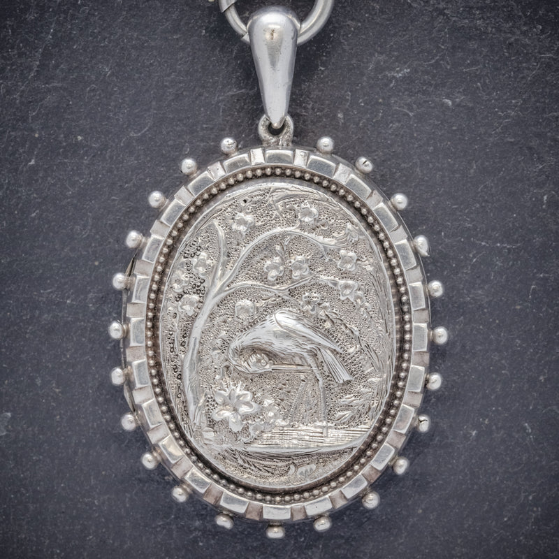 Antique Victorian Stork Locket Collar Sterling Silver Necklace Circa 1900 LOCKET