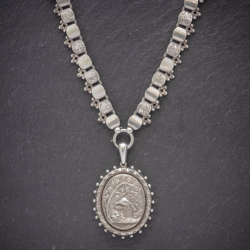 Antique Victorian Stork Locket Collar Sterling Silver Necklace Circa 1900 NECK