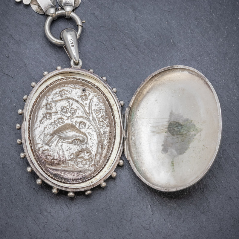 Antique Victorian Stork Locket Collar Sterling Silver Necklace Circa 1900 OPEN