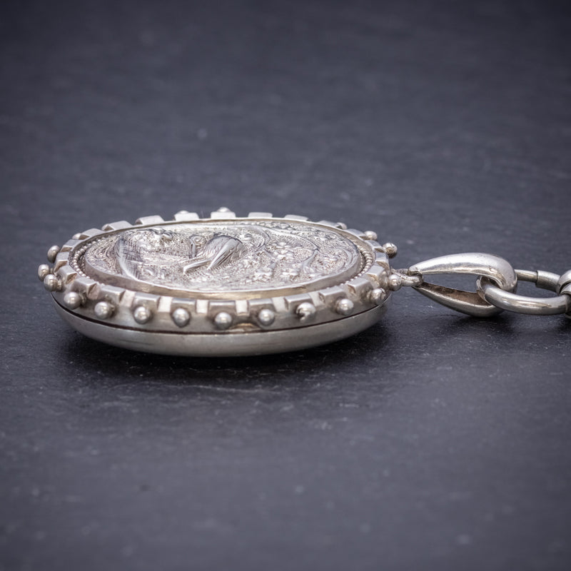 Antique Victorian Stork Locket Collar Sterling Silver Necklace Circa 1900 SIDE