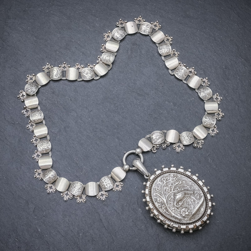 Antique Victorian Stork Locket Collar Sterling Silver Necklace Circa 1900 TOP