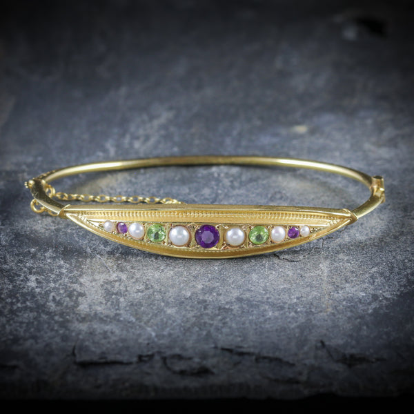 ANTIQUE VICTORIAN SUFFRAGETTE BANGLE AMETHYST PEARL PERIDOT FRONT