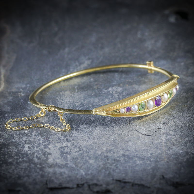 ANTIQUE VICTORIAN SUFFRAGETTE BANGLE AMETHYST PEARL PERIDOT SIDE